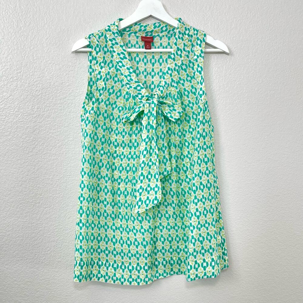 Merona Womens Green Floral Sleeveless Top Retro V-Neck Tank Bow Tie Size Small
